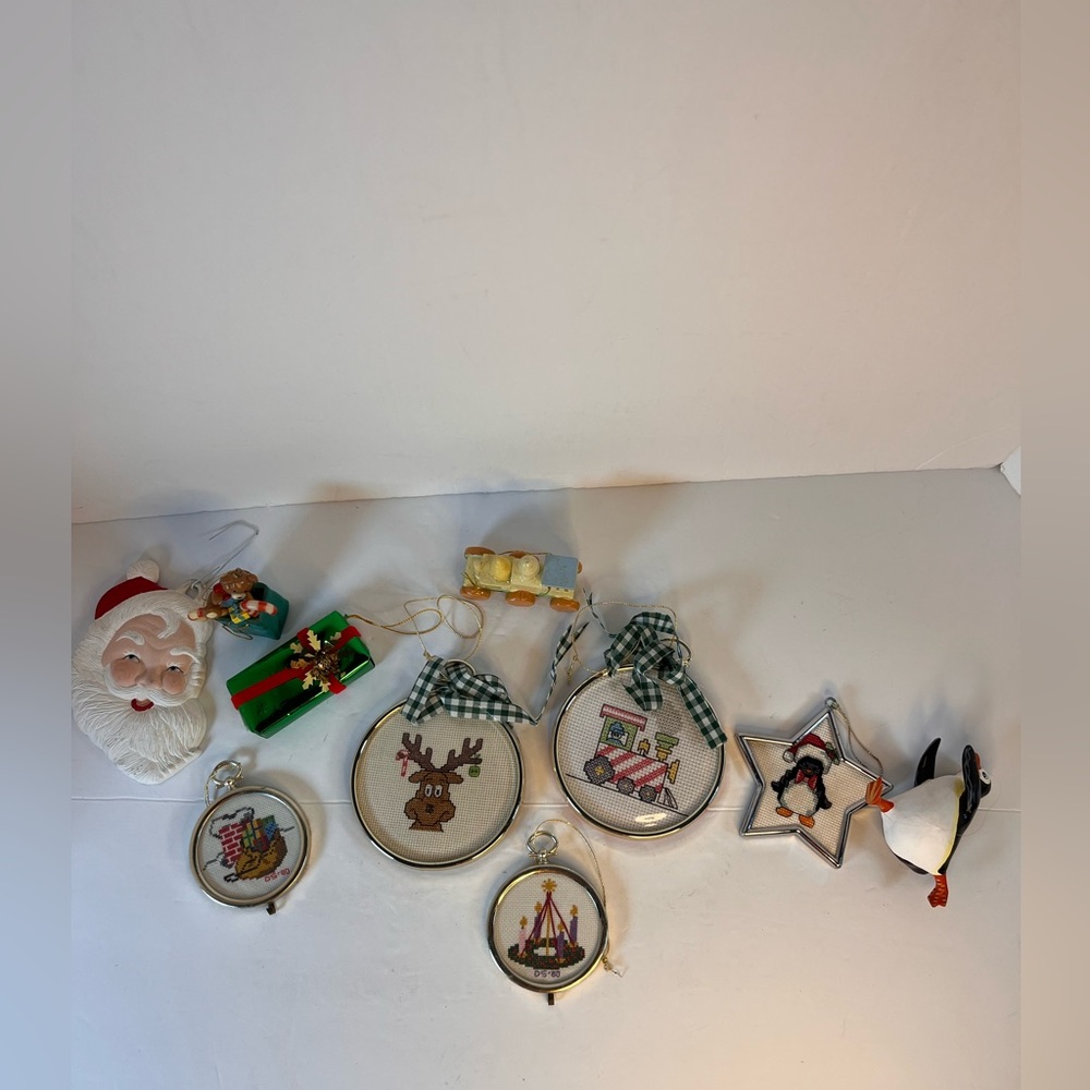 Vintage Cross-Stich Christmas Ornaments Framed‎ Handmade Santa Mixed Set Of 10